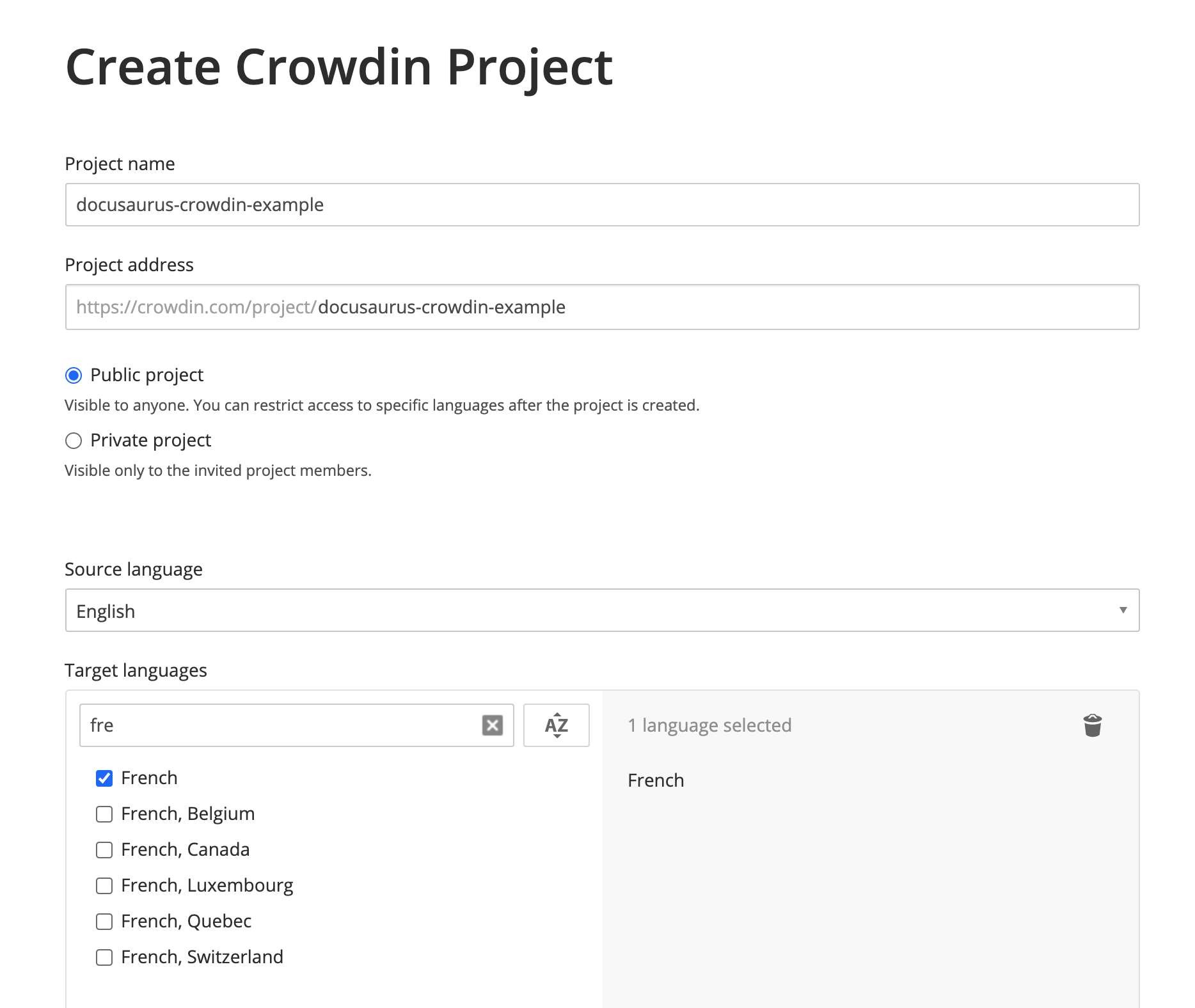 Create a Crowdin project with english as source language, and french as target language